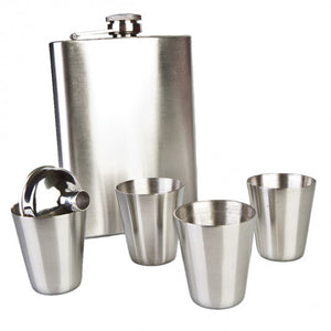 Flask, Shot glasses and funnel