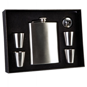 Flask, Shot glasses and funnel